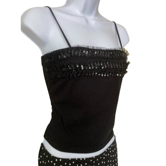 Vintage 90s Y2k Black Square Neck Girly Mesh Ruffle Sequin Cropped Cami S/M - Picture 2 of 5